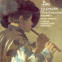 Picture of CD of concertos by Telemann for oboe / oboe d'amore and strings performed by Sarah Francis with the London Harpsichord Ensemble and the Triple Concerto for flute, oboe d'amore and viola d'amore.