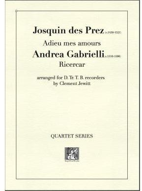 Picture of Sheet music  for descant recorder, treble recorder, tenor recorder and bass recorder by Josquin des Prez and Andrea Gabrielli. Works from the cusp of the Renaissance and early Baroque.