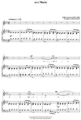 Picture of Sheet music  for piano, voices, soprano and organ. Sheet Music of Ave Maria by Caccini, edited by David Patrick for medium voice with keyboard