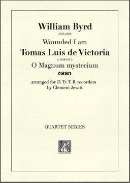 Picture of Sheet music  for descant recorder, treble recorder, tenor recorder and bass recorder by Tomas Luis de Victoria and William Byrd. Two Baroque composers contrast with each other.