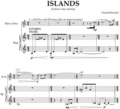 Picture of Sheet music  by Donald Bousted. Islands is a 5 minute piece for flute (or oboe) and harp written in 1990. 