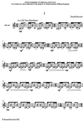 Picture of Sheet music  by Donald Bousted. Four Comedic Studies is a virtuosic, quarter-tone structured, piece for solo alto saxophone written in 1991, dur. 9'.