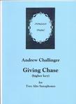 Picture of Sheet music  by Andrew Challinger. A three and a half minute piece for two alto saxophones. They begin together but soon move apart and are in hot pursuit for most of the piece. Difficult.;