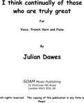 Picture of Sheet music  by Julian Dawes. A setting of a poem by Stephen Spender for High Voice, French Horn and Piano