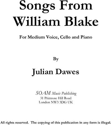 Picture of Sheet music  for mezzo-soprano, tenor, cello and piano by Julian Dawes. A setting of poems by William Blake For Medium Voice, Cello and Piano